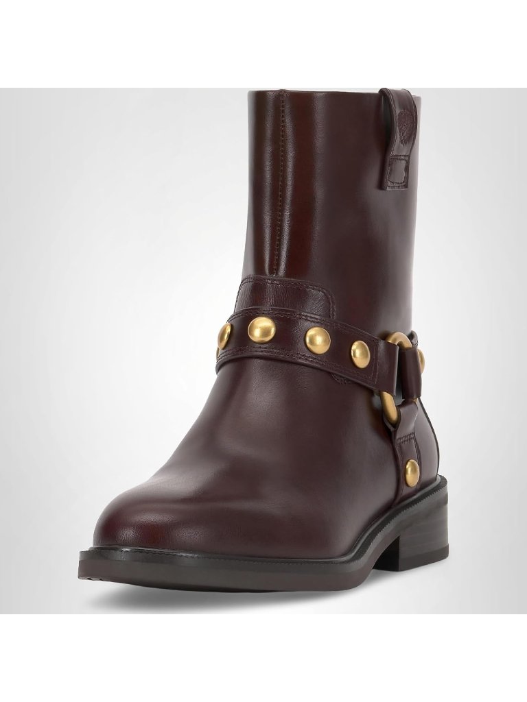 Women's Rich Mahogany Leather Studded Moto Bootie Amais Biker Boots Round Toe